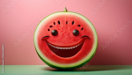 Smiling Watermelon Slice with Cartoon Face on Colorful Background. Fun and Whimsical Concept for Summer, Health, and Positive Mood Themes in Marketing and Visual Design photo