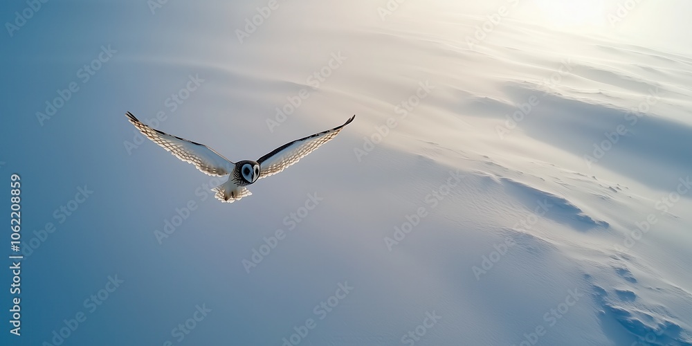 Obraz premium A short-eared owl hunting over a snowy moorland in winter