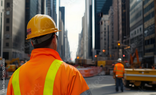 A construction worker in safety gear oversees urban roadwork in a busy city environment. AI Image