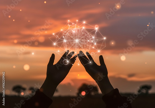 A pair of hands reaching out towards the sky, with an illuminated sphere made up of interconnected dots floating above them against a backdrop of a setting sun and open landscape photo