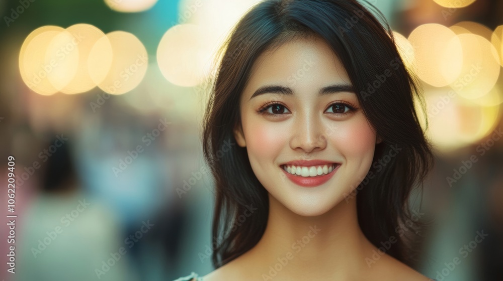 Obraz premium Asian beauty, smiling, walking on street; use warm, vibrant palette 