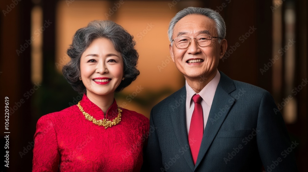 Asian couple smiling, walking hand in hand, upscale setting Use warm palette Asian couple smiling, walking hand in hand, upscale setting Use warm palette
