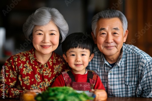 Asian family enjoys meal together, engaging warmly; use warm tones 