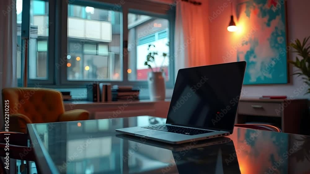 Laptop on a Glass Desk in a Modern Apartment with City View Laptop on a Glass Desk in a Modern Apartment with City View