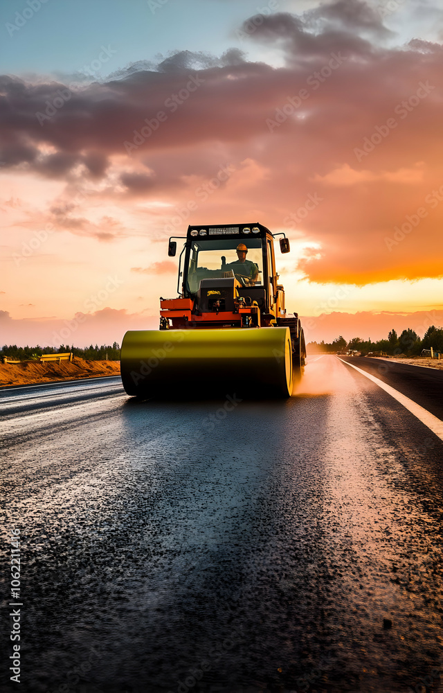 A roller compactor smooths asphalt on a road during a vibrant sunset. AI Image A roller compactor smooths asphalt on a road during a vibrant sunset. AI Image