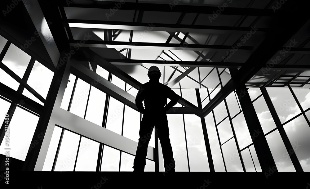 A silhouetted worker stands in a modern construction site with large glass windows. AI Image A silhouetted worker stands in a modern construction site with large glass windows. AI Image