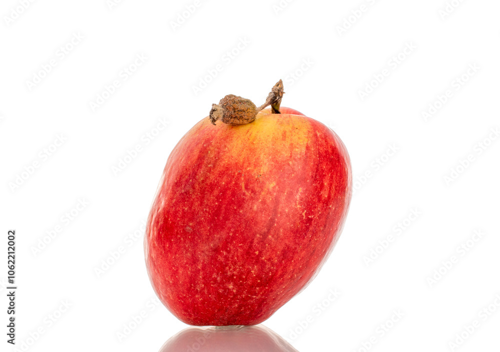 One red apple, macro, isolated on white background.