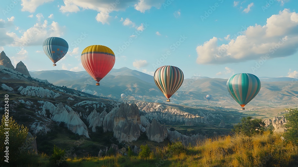 Fototapeta premium A vibrant, colorful hot air balloons floating above a scenic landscape with a clear area for text 