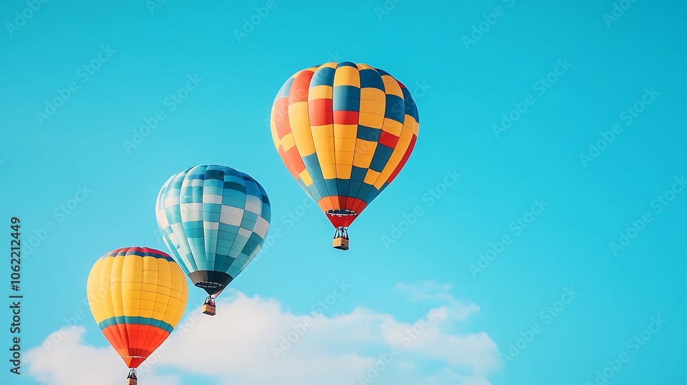 Fototapeta premium A vibrant, colorful hot air balloons against a clear sky with a clear area for text