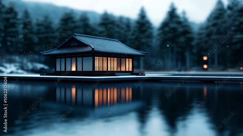 Fototapeta premium Japanese temple architecture outdoors; tranquil natural setting, earthy tones, winter time 