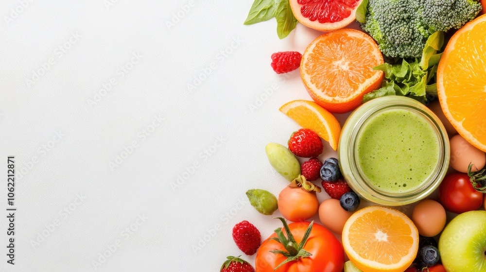 Refreshing green smoothie in a glass jar surrounded by colorful fruits and vegetables on a vibrant backdrop for health inspiration Refreshing green smoothie in a glass jar surrounded by colorful fruits and vegetables on a vibrant backdrop for health inspiration