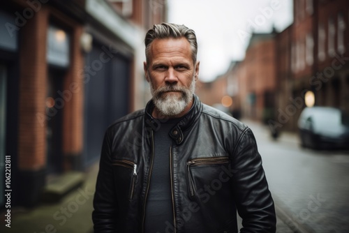 Portrait of a bearded man in a leather jacket on the street.