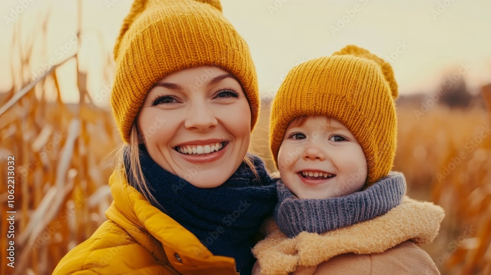 Obraz premium Mother and child laughing in autumn corn maze adventure; warm palette