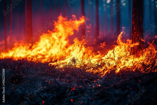 Forest Fire Engulfing Dry Undergrowth and Trees