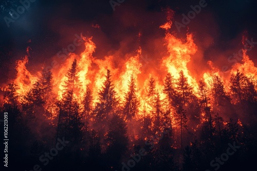 A Wall of Fire Engulfing a Forest at Night