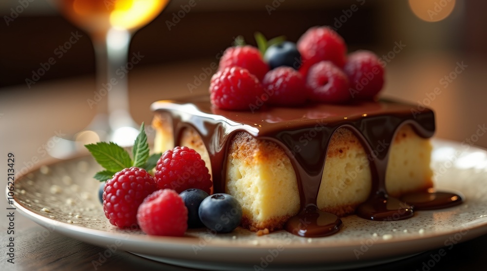 Close-Up of Decadent Dessert with Melted Chocolate and the Fresh Berries Close-Up of Decadent Dessert with Melted Chocolate and the Fresh Berries