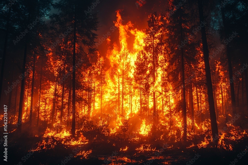 Fiery Forest Fire Engulfing Silhouetted Trees at Night Fiery Forest Fire Engulfing Silhouetted Trees at Night