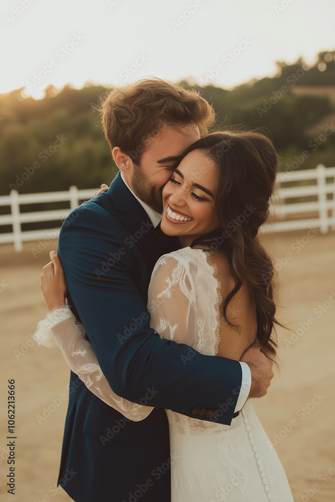 Fototapeta premium Couple kissing on their wedding day on their ranch.
