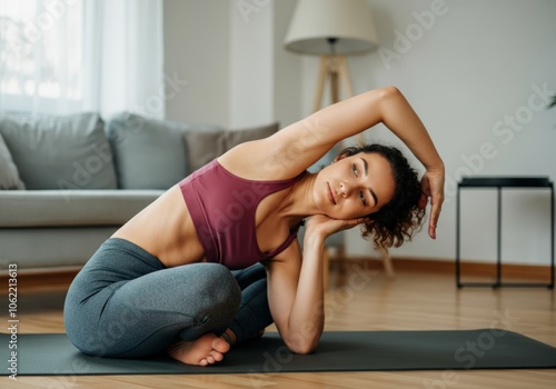 Woman Practicing Yoga in a Living Room