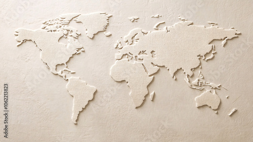 Fototapeta Naklejka Na Ścianę i Meble -  world map carved in beige wall art