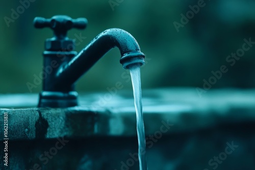 Running faucet wastes water: environmental issue, use calm blue-gray palette  photo