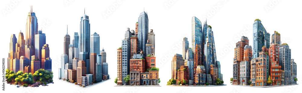 Futuristic skyscraper  for game cartoon asset isometric icons set. Illustrations of modern tall fantastic building architecture,  cartoon 3D vector on white isolated backdrop