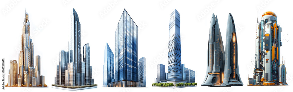 Futuristic skyscraper for game cartoon asset isometric icons set. Illustrations of modern tall fantastic building architecture, cartoon 3D vector on white isolated backdrop Futuristic skyscraper for game cartoon asset isometric icons set. Illustrations of modern tall fantastic building architecture, cartoon 3D vector on white isolated backdrop