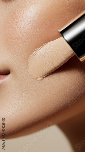 Noncomedogenic foundation being applied close up, focus on, copy space, smooth, poreless skin emerging Double exposure silhouette with flawless, even skin photo