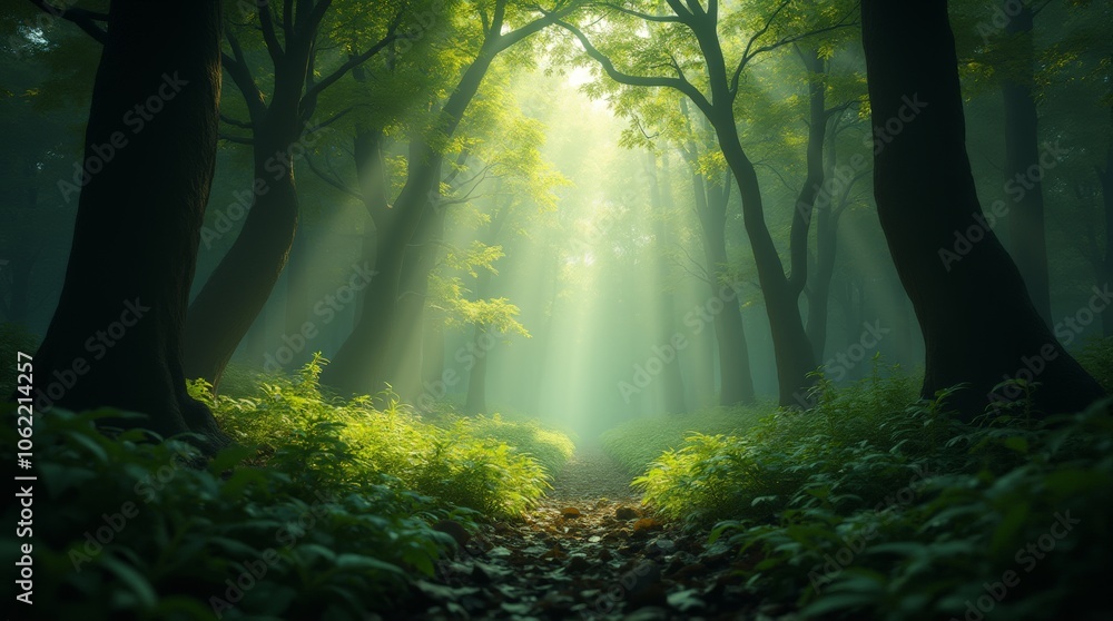 Dense Forest Canopy with Sun Rays Streaming Through Lush Foliage Dense Forest Canopy with Sun Rays Streaming Through Lush Foliage