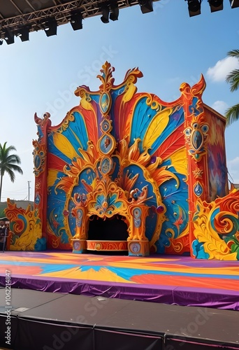 Carnaval stage background with colorful feathers photo