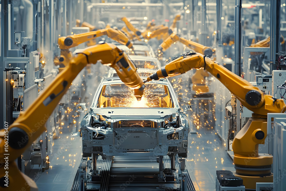 Robotic arms welding car frames in a modern automotive assembly line. AI Image Robotic arms welding car frames in a modern automotive assembly line. AI Image