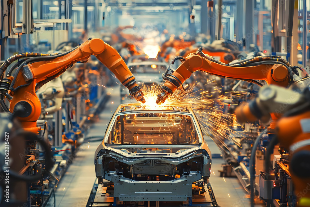 Robotic arms welding in an automotive manufacturing facility, showcasing industrial automation. AI Image Robotic arms welding in an automotive manufacturing facility, showcasing industrial automation. AI Image