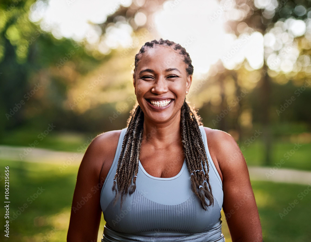 Happy Woman Exercising Outdoors in Park Happy Woman Exercising Outdoors in Park