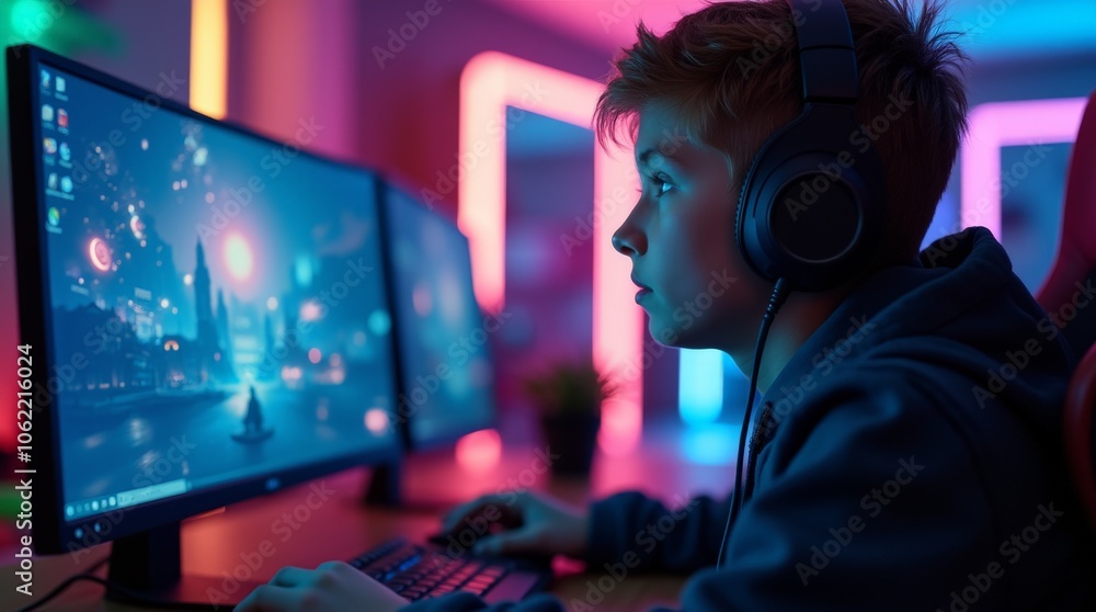 Focused Gamer Playing on a High-Resolution Screen with LED Lights Around Focused Gamer Playing on a High-Resolution Screen with LED Lights Around