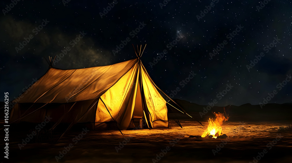 A cozy tent illuminated at night with a campfire nearby under a starry sky. AI Image A cozy tent illuminated at night with a campfire nearby under a starry sky. AI Image