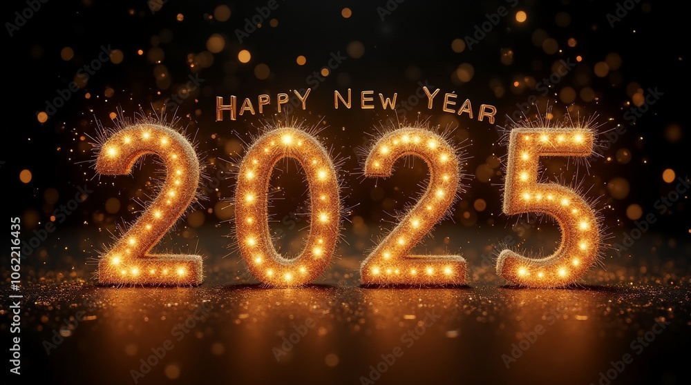 Glittering Happy New Year 2025 in Gold on Black Sparkling Background Glittering Happy New Year 2025 in Gold on Black Sparkling Background