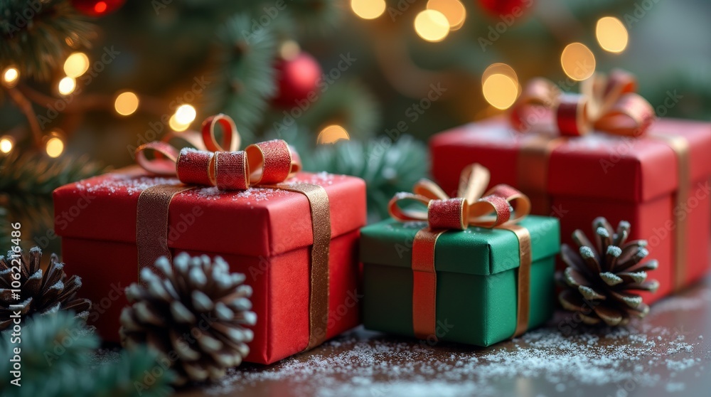 Gift Boxes Wrapped in Red and Green with Twinkling Christmas Lights Gift Boxes Wrapped in Red and Green with Twinkling Christmas Lights