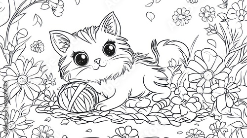 A Cute Kitten Playing with a Ball of Yarn in a Garden of Flowers. Coloring book illustration.
