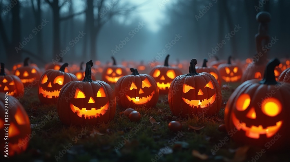 Halloween Pumpkin Patch with Carved Jack-O'-Lanterns and Foggy Background Halloween Pumpkin Patch with Carved Jack-O'-Lanterns and Foggy Background