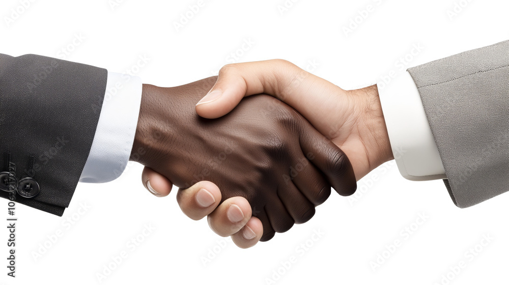 Close-up of handshake between two men of different skin tones wearing business suits isolated on transparent background. Corporate partnership, cooperation, and business agreement concept. Close-up of handshake between two men of different skin tones wearing business suits isolated on transparent background. Corporate partnership, cooperation, and business agreement concept.