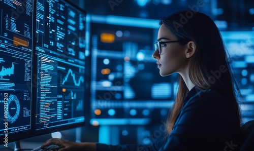 A woman in glasses looks intently at a computer screen filled with code and data, her face illuminated by the blue glow of the monitor in a dark room.