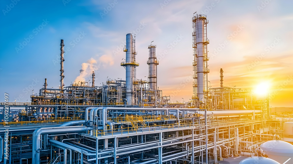 Industrial complex with smokestacks and pipelines at sunset. AI Image Industrial complex with smokestacks and pipelines at sunset. AI Image