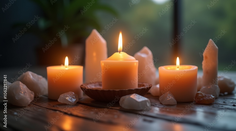 Meditative Spiritual Setup with Candles, Crystals, and Peaceful Atmosphere Meditative Spiritual Setup with Candles, Crystals, and Peaceful Atmosphere