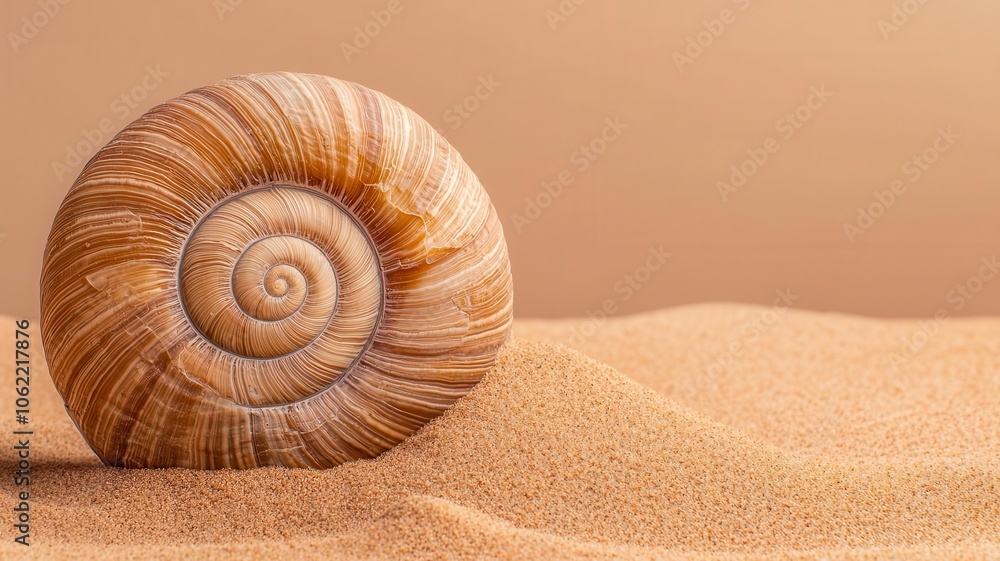Spiral shell on sandy beach with soft beige tones. Spiral shell on sandy beach with soft beige tones.