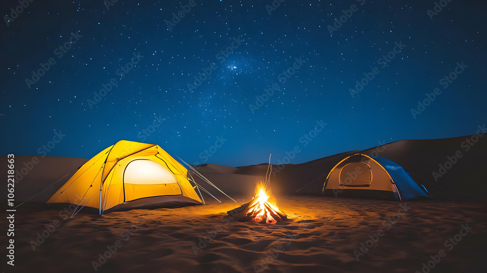A serene campsite with tents and a campfire under a starry night sky in the desert. AI Image A serene campsite with tents and a campfire under a starry night sky in the desert. AI Image