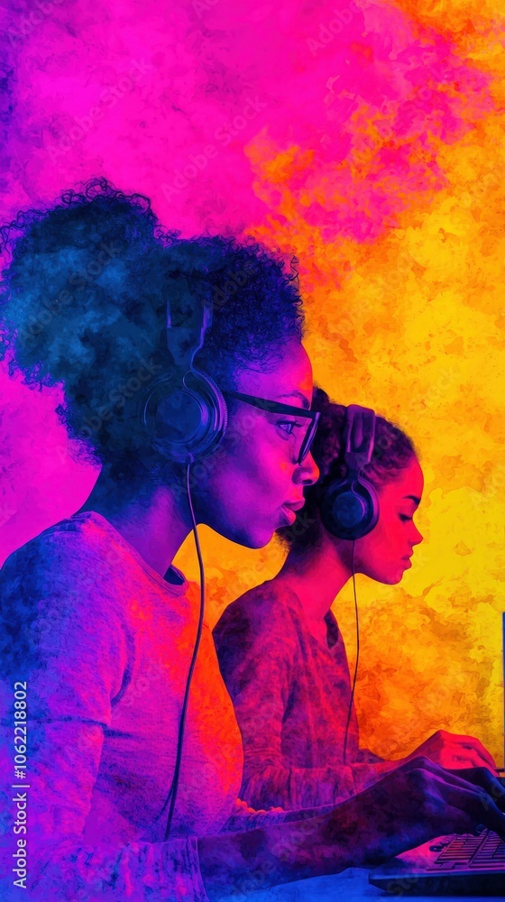 Two Focused Individuals Engaging in Digital Activities with Headphones Amidst Vibrant Backgrounds for Enhanced Concentration Two Focused Individuals Engaging in Digital Activities with Headphones Amidst Vibrant Backgrounds for Enhanced Concentration
