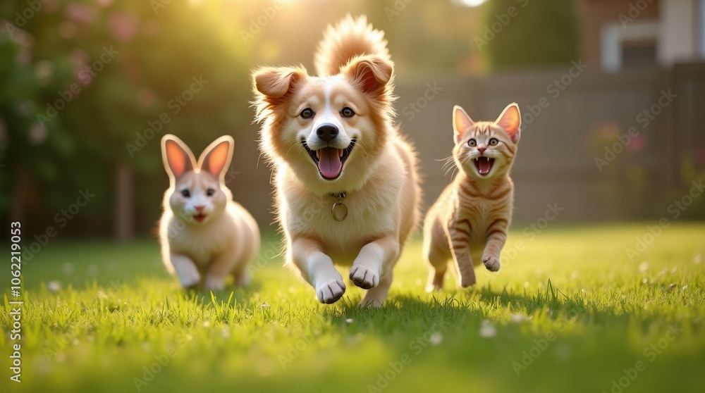 Playful Pets Enjoying Sunny Day Outdoors in Lush Backyard Playful Pets Enjoying Sunny Day Outdoors in Lush Backyard