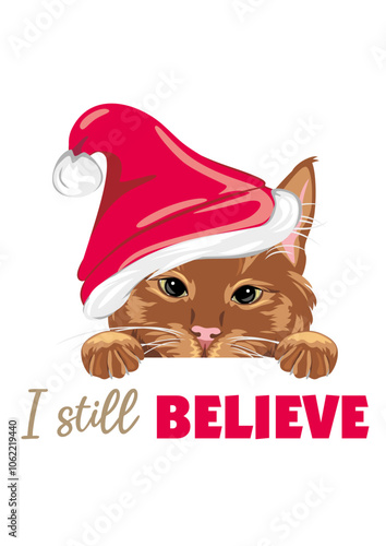 Cute peeking ginger cat in Santa hat. I still believe
