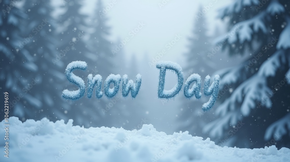 Snow Day in Soft Blue Script Over a Snow Covered Trees Background Snow Day in Soft Blue Script Over a Snow Covered Trees Background