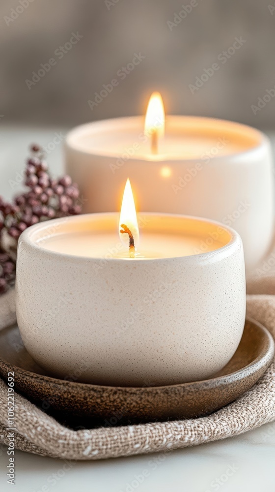 Scented candles in elegant ceramic holders, softly glowing with warm light. A serene ambiance of relaxation and comfort, perfect for creating a cozy atmosphere in any setting. Scented candles in elegant ceramic holders, softly glowing with warm light. A serene ambiance of relaxation and comfort, perfect for creating a cozy atmosphere in any setting.